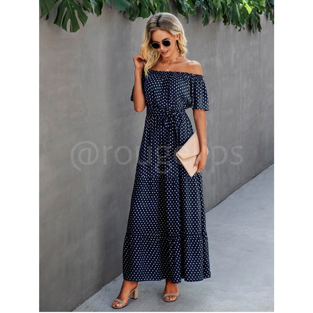 Off Shoulder Navy Blue Polka Dot Maxi Dress Flared, Flounce, Long, belted - Picture 2 of 6